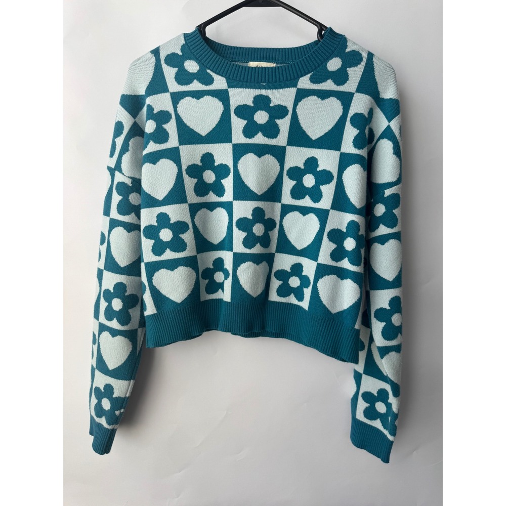 Debut Teal Blue Checkered Heart Flower Cropped Knit Sweater Womens Small